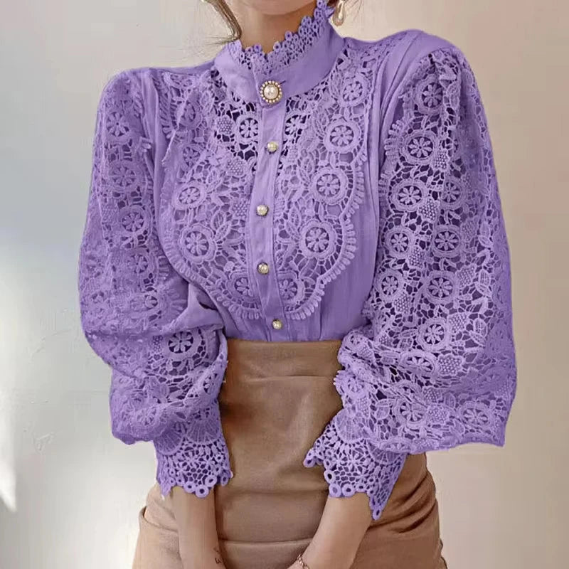 Women's Lace Up Hollow Out Stand Collar Shirt Blouse