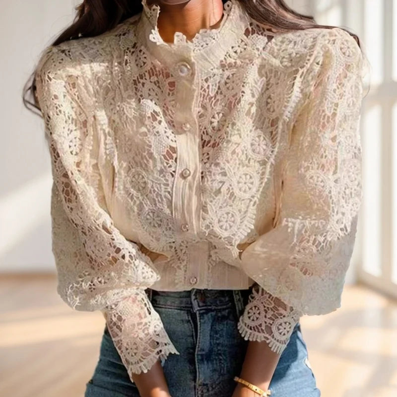 Women's Lace Up Hollow Out Stand Collar Shirt Blouse