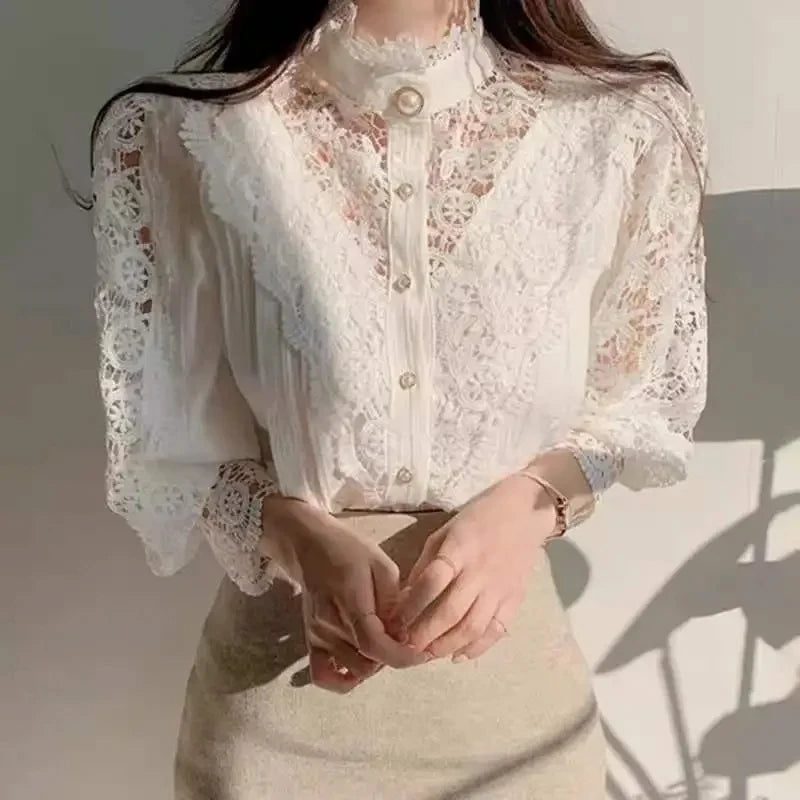 Women's Lace Up Hollow Out Stand Collar Shirt Blouse