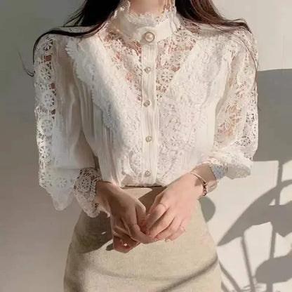 Women's Lace Up Hollow Out Stand Collar Shirt Blouse