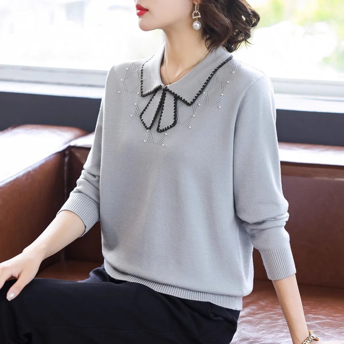 Women's Long Sleeve Knitted Bow Neck Sweater