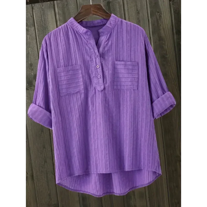 Women's Long Sleeve V-Neck Cotton Linen Blouses