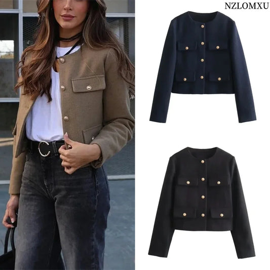 Women's Long Sleeve Button Cropped Tweed Jacket