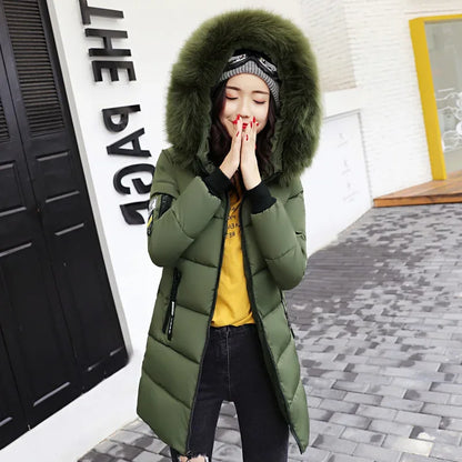 Women's Long Sleeve Cotton Fur Collar Hoodie Coat