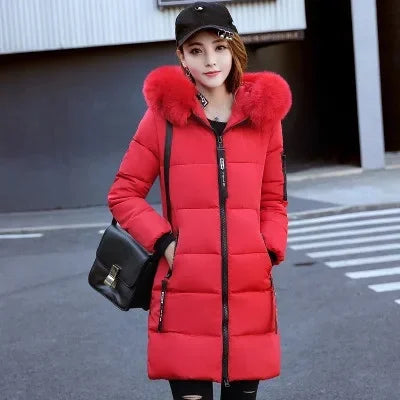 Women's Long Sleeve Cotton Fur Collar Hoodie Coat