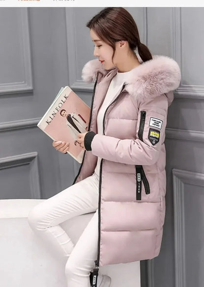 Women's Long Sleeve Cotton Fur Collar Hoodie Coat