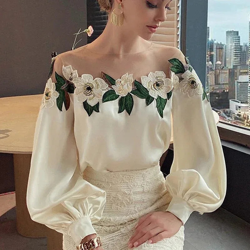 Women's Long Sleeve Embroidered Off Shoulder Blouse