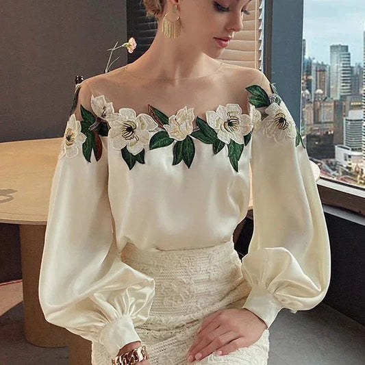 Women's Long Sleeve Embroidered Off Shoulder Blouse
