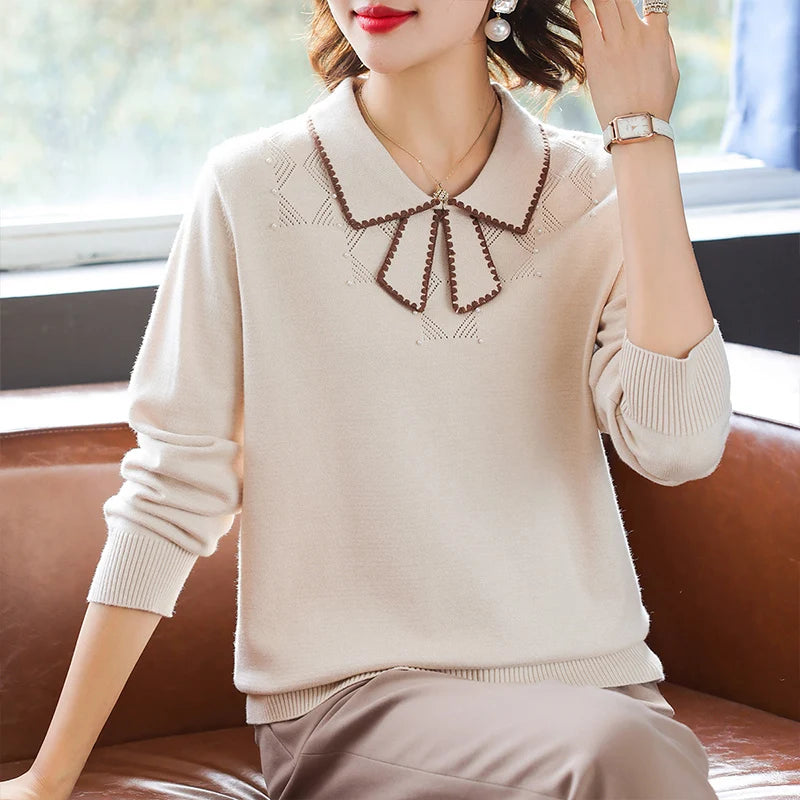 Women's Long Sleeve Knitted Bow Neck Sweater
