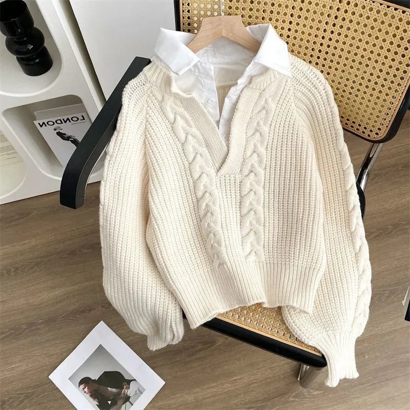 Women's Long Sleeve Loose Polo Collar Sweater