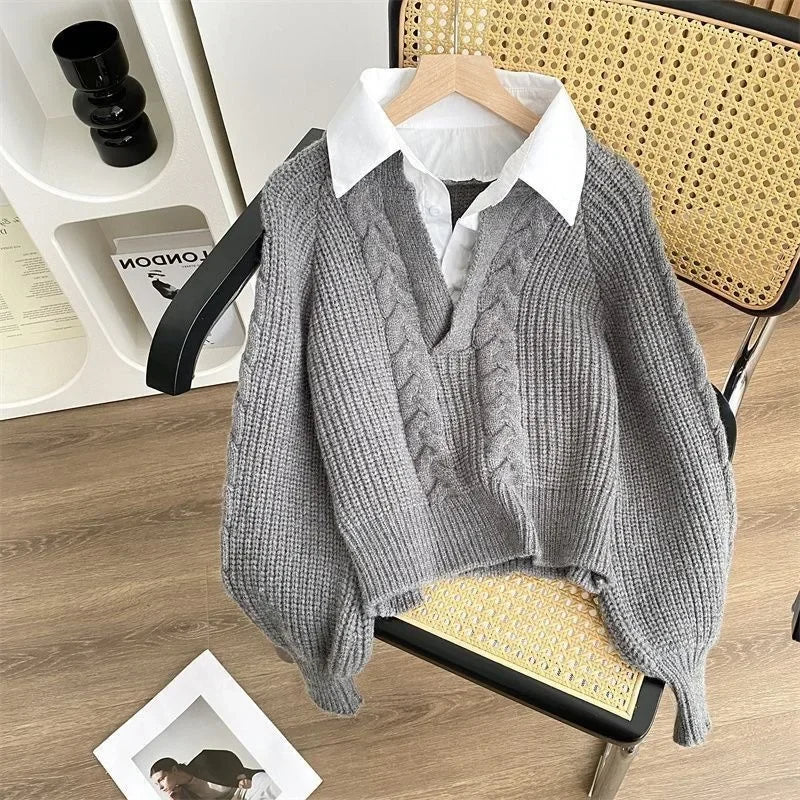 Women's Long Sleeve Loose Polo Collar Sweater