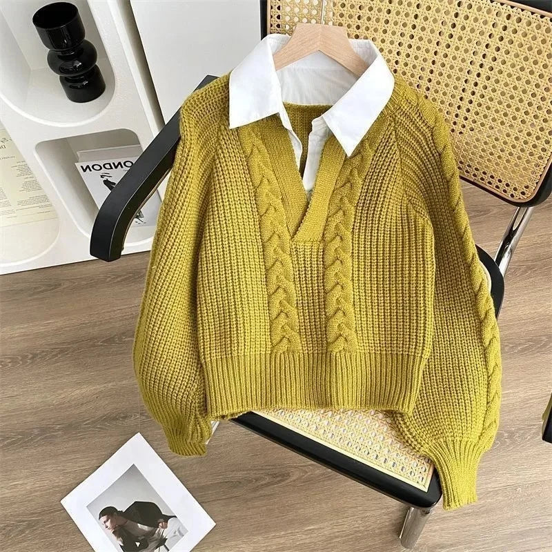 Women's Long Sleeve Loose Polo Collar Sweater