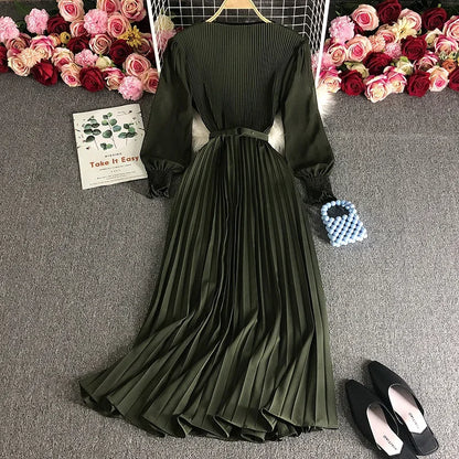 Women's Long Sleeve Pleated Elastic Waistband Dresses