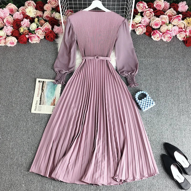 Women's Long Sleeve Pleated Elastic Waistband Dresses