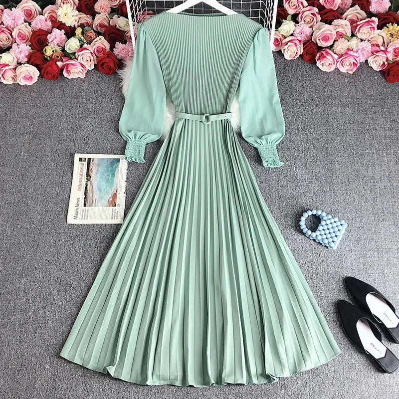 Women's Long Sleeve Pleated Elastic Waistband Dresses