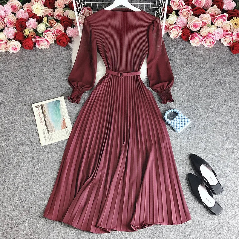 Women's Long Sleeve Pleated Elastic Waistband Dresses