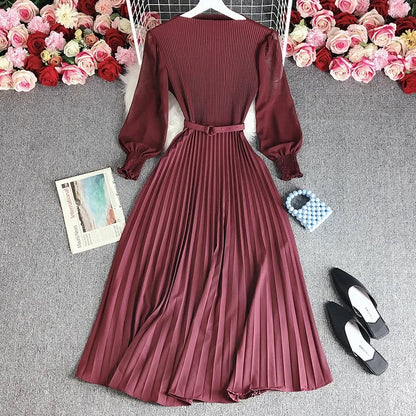 Women's Long Sleeve Pleated Elastic Waistband Dresses