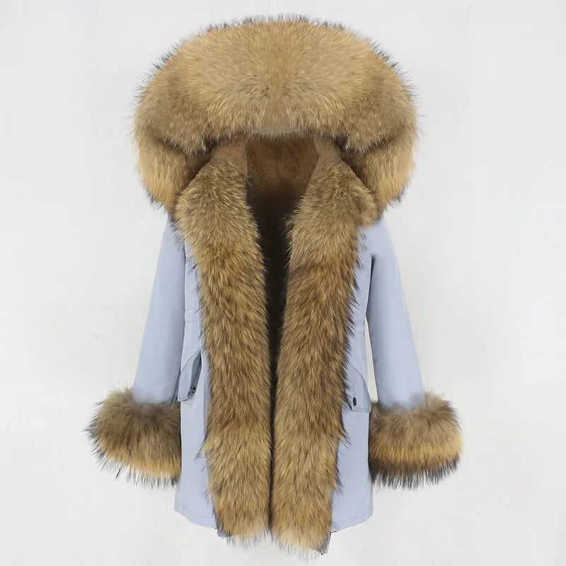 Women's Long Sleeve Squirrel Fur Hoode Parka Jacket