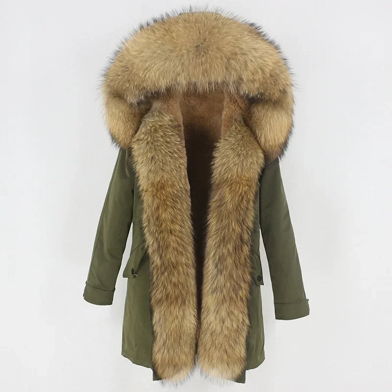 Women's Long Sleeve Squirrel Fur Hoode Parka Jacket