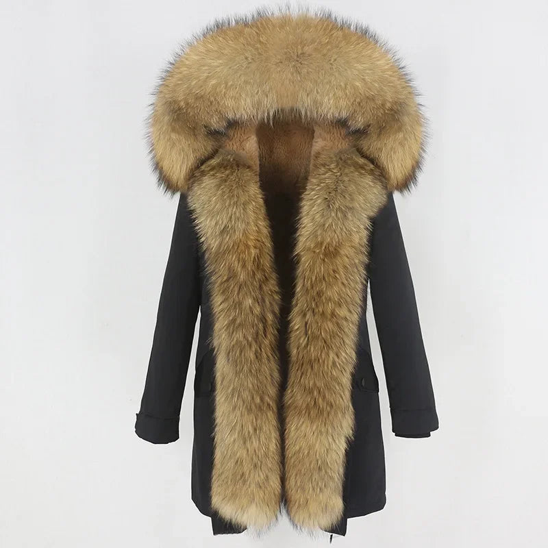 Women's Long Sleeve Squirrel Fur Hoode Parka Jacket
