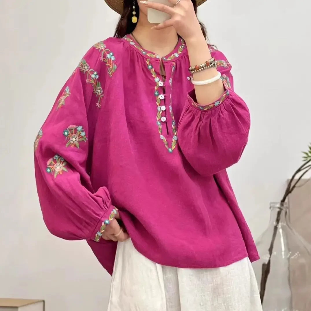 Women's Loose Cotton Linen Embroidered T Shirt