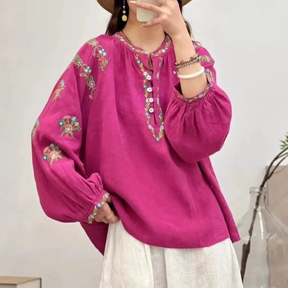 Women's Loose Cotton Linen Embroidered T Shirt