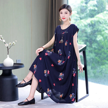 Women's Loose O-Neck Flower Print Dresses