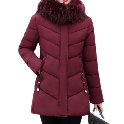 Women's Mid-Length Regular Fit Fur Collar Winter Coat