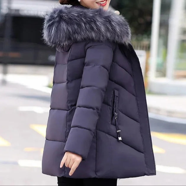 Women's Mid-Length Regular Fit Fur Collar Winter Coat