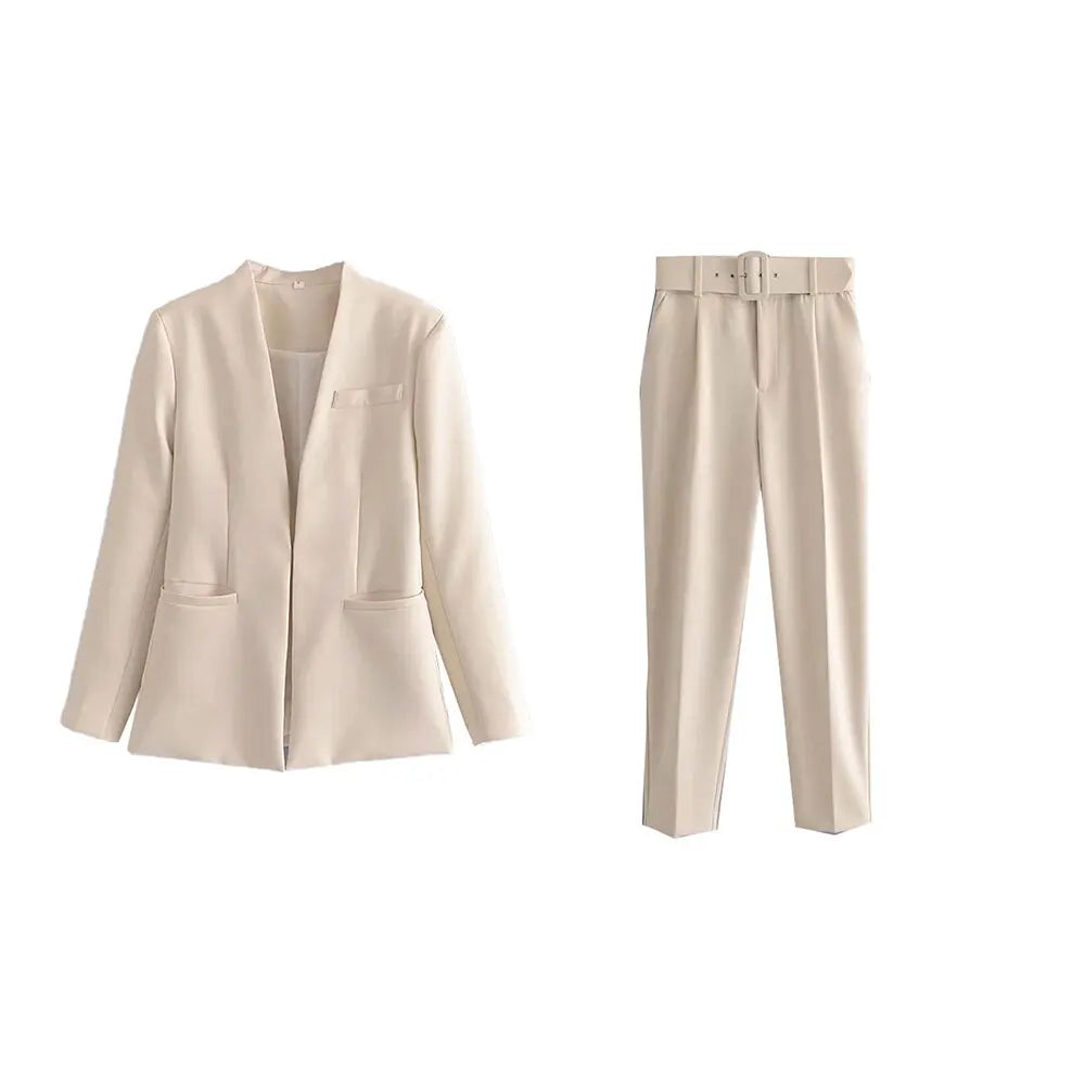 Women's Solid Color Office Coat & High Waist Pants