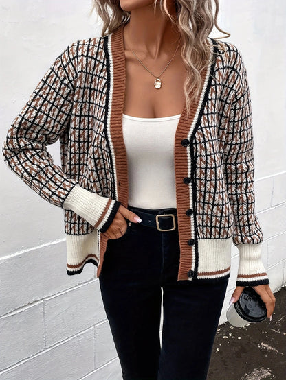 Women's Plaid Pattern V Neck Button Up Cardigan Sweater