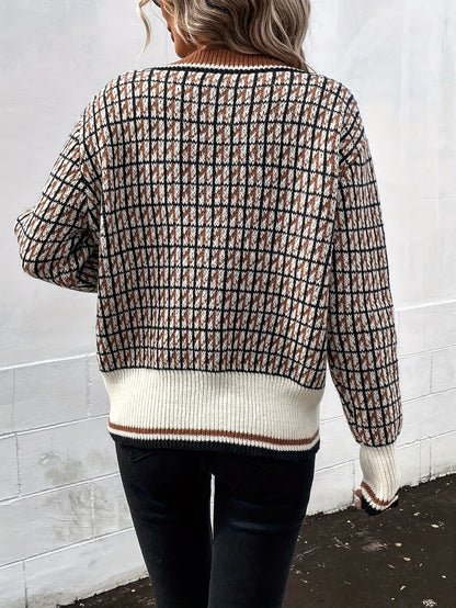 Women's Plaid Pattern V Neck Button Up Cardigan Sweater