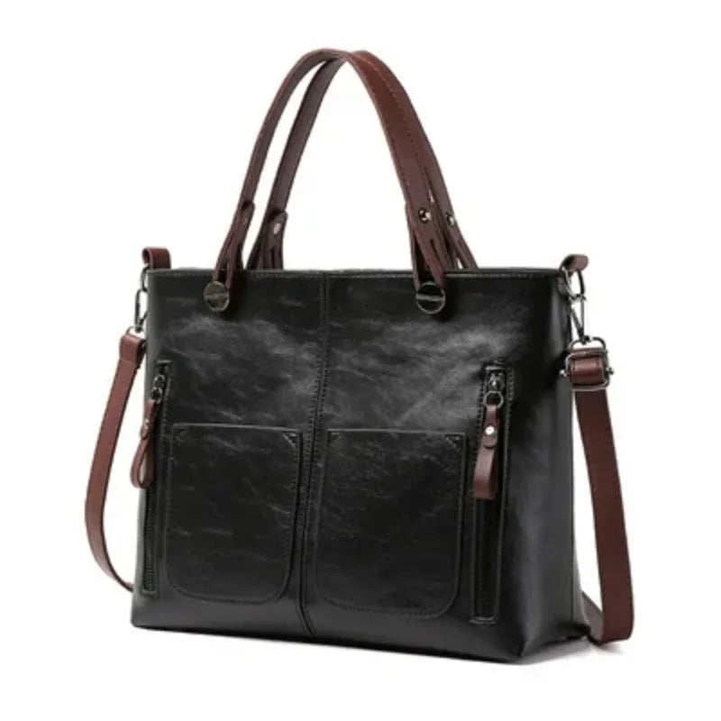 Women's Retro Leather Double Pockets Tote Handbag