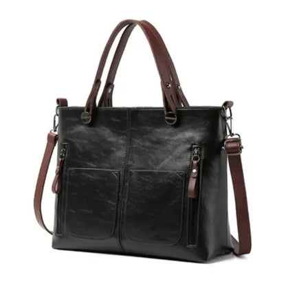 Women's Retro Leather Double Pockets Tote Handbag