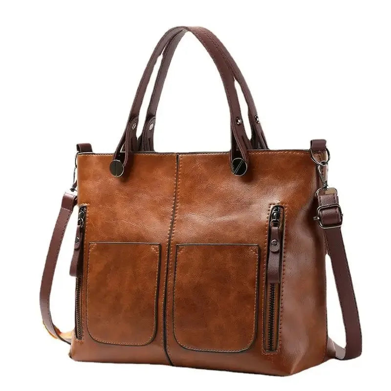 Women's Retro Leather Double Pockets Tote Handbag