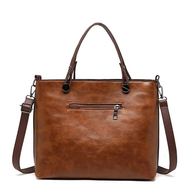Women's Retro Leather Double Pockets Tote Handbag