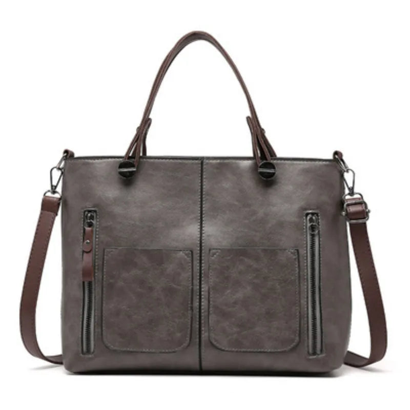 Women's Retro Leather Double Pockets Tote Handbag