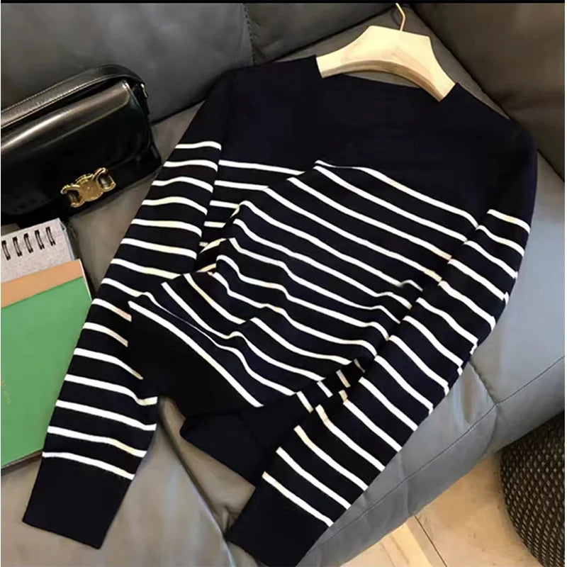 Women's Round Neck Black And White Striped Sweater