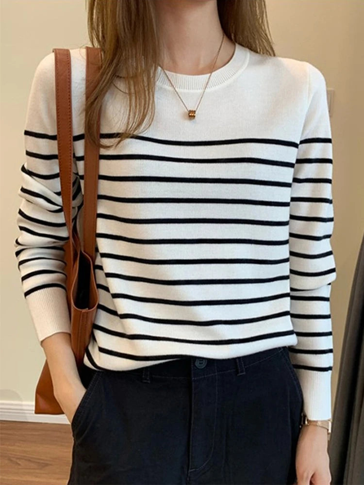 Women's Round Neck Black And White Striped Sweater