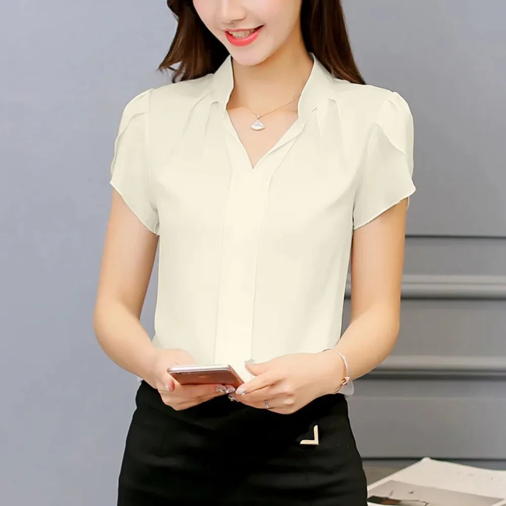 Women's Short Sleeve Stand Collar Chiffon Blouses