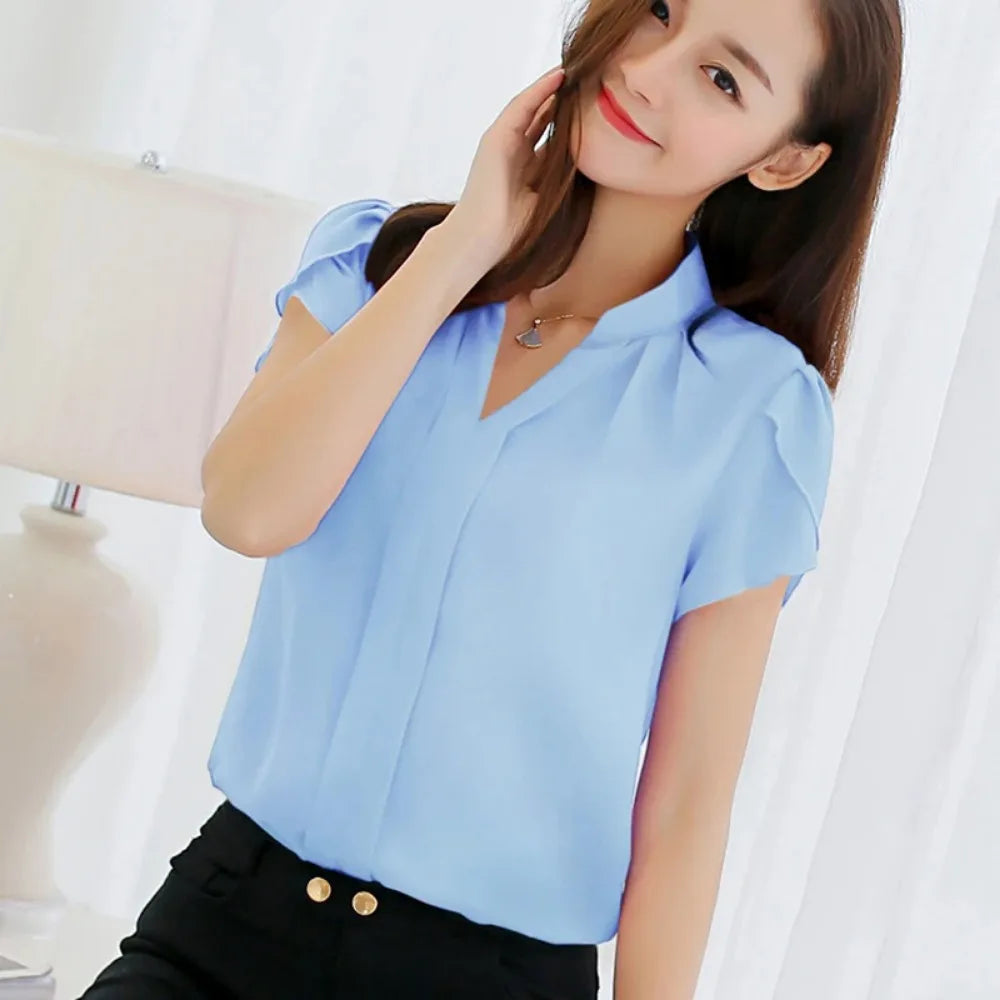 Women's Short Sleeve Stand Collar Chiffon Blouses