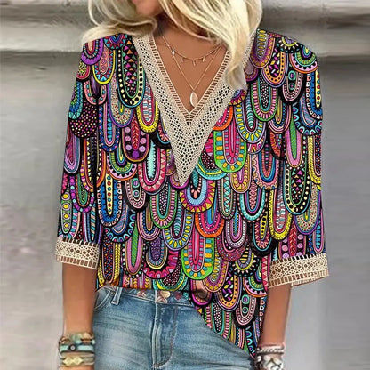 Women's Short Sleeve V Neck Printed Shirt