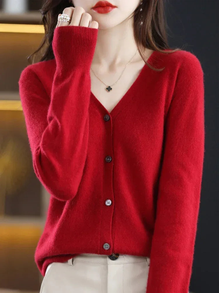 Women's Single Breasted Short Slim V-Neck Cardigan Sweater