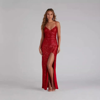 Women's Sleeveless Floor-Length V-neck Sequin Ball Gown