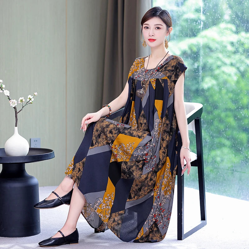 Women's Sleveless Loose O-Neck Flower Print Dresses