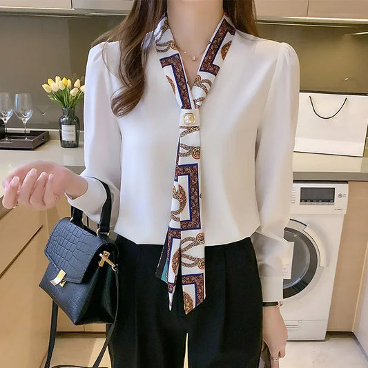 Women's Soft Long Sleeve Chiffon Bow Neck Blouse