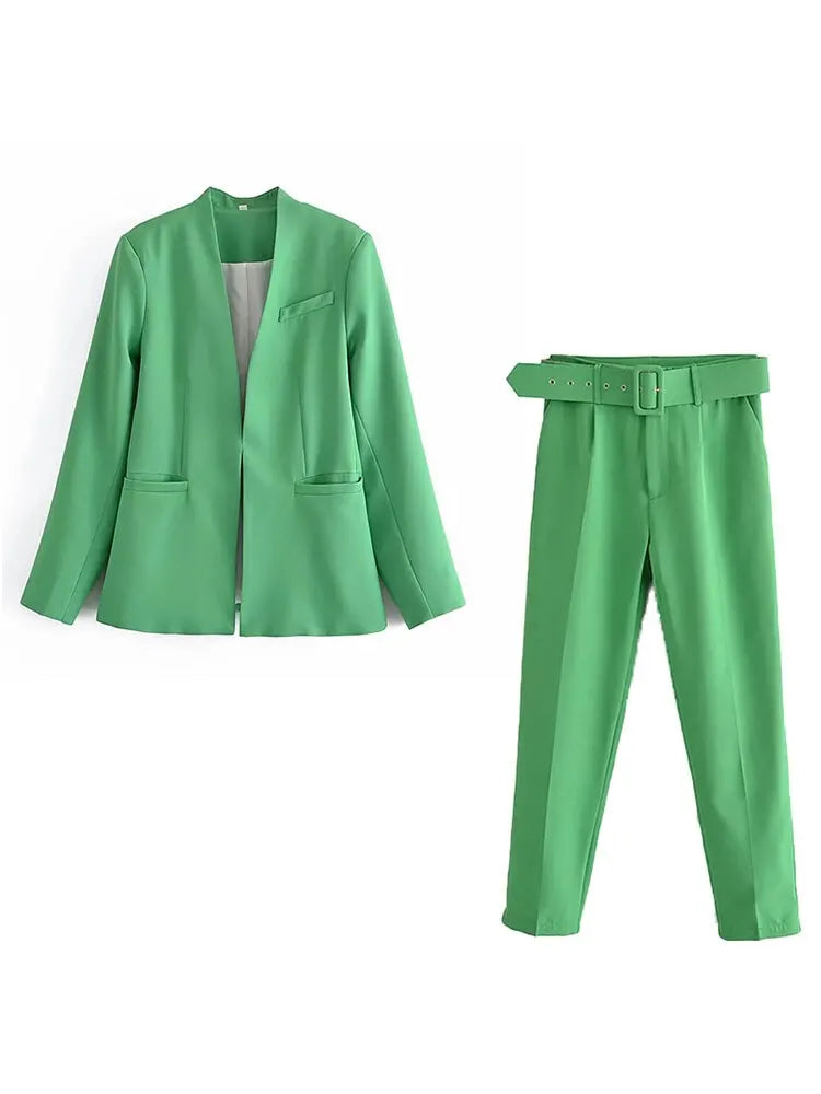 Women's Solid Color Office Coat & High Waist Pants