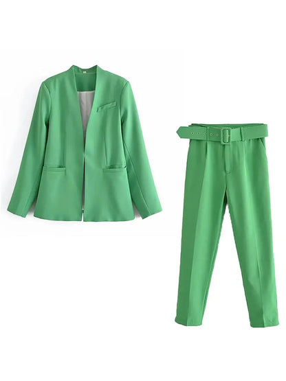 Women's Solid Color Office Coat & High Waist Pants