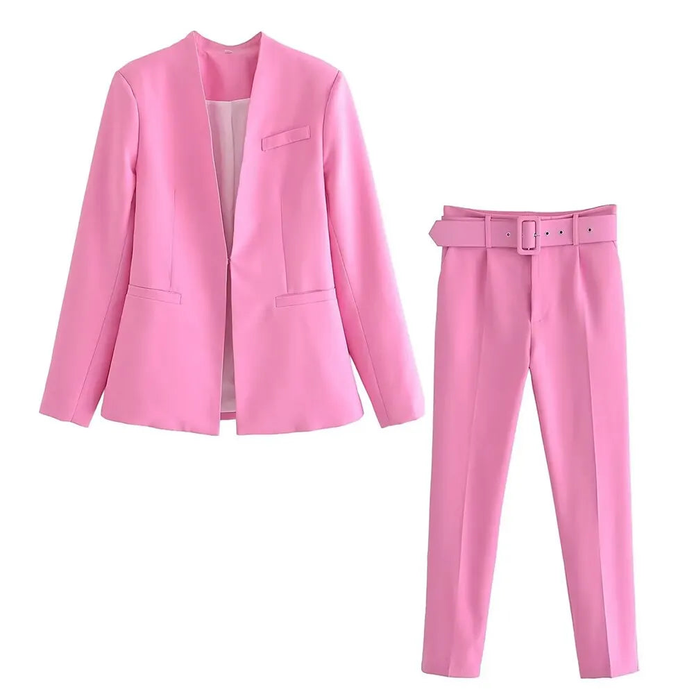 Women's Solid Color Office Coat & High Waist Pants