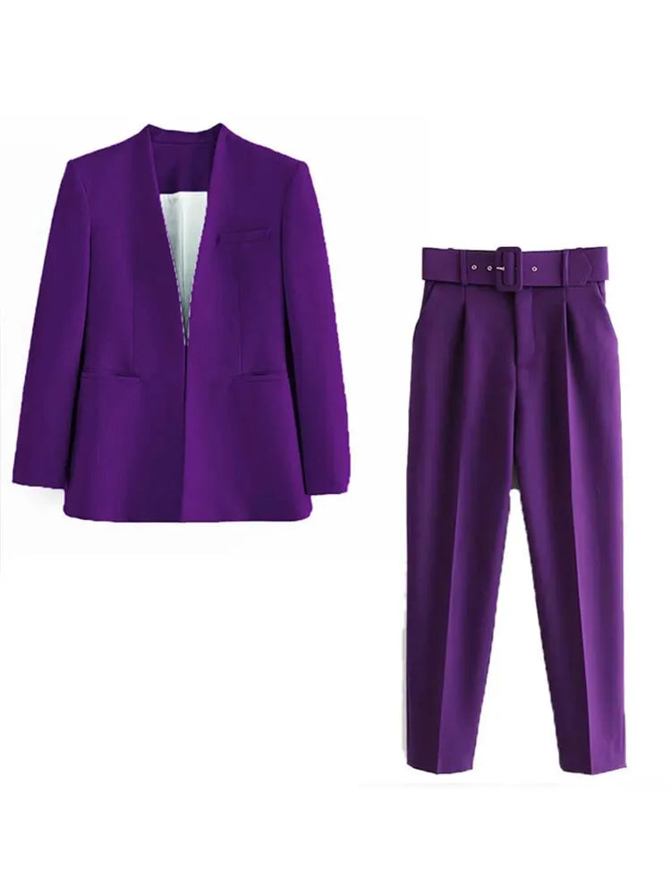 Women's Solid Color Office Coat & High Waist Pants